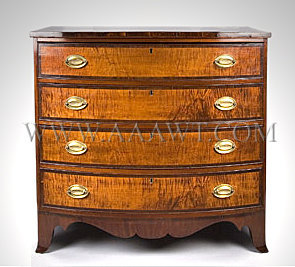 North Shore Massachusetts
Mahogany and Bold Curly Maple
Bow Front Chest
Circa 1780 to 1800, entire view